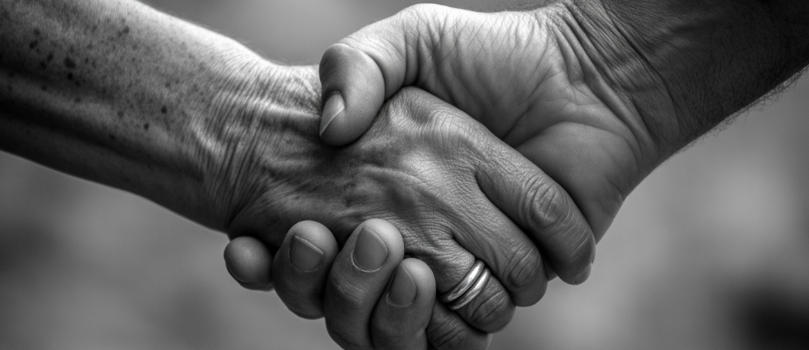 Two hands clasped in a supportive handshake, symbolizing the connection and support in addiction recovery