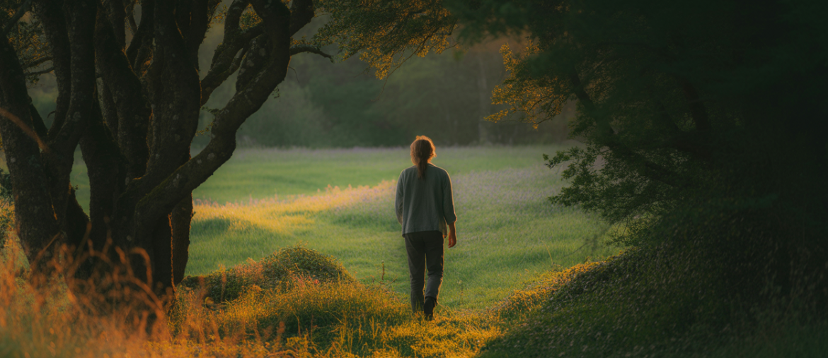 A person emerges from a dark, tangled forest into a bright, sunny meadow, symbolizing the journey from the confusion of chronic pain to clarity and relief