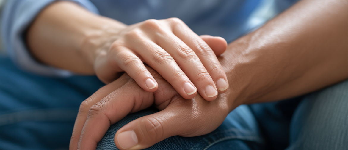 A supportive hand gently resting on another's, symbolizing the compassionate care for depression at VASAV Health