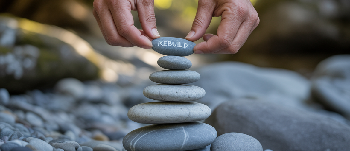 Hands carefully balancing stones, symbolizing the process of finding mental balance and order