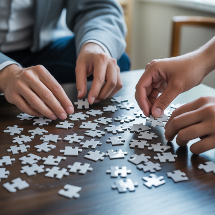 Hands organizing scattered puzzle pieces, symbolizing the therapeutic process of restoring cognitive order