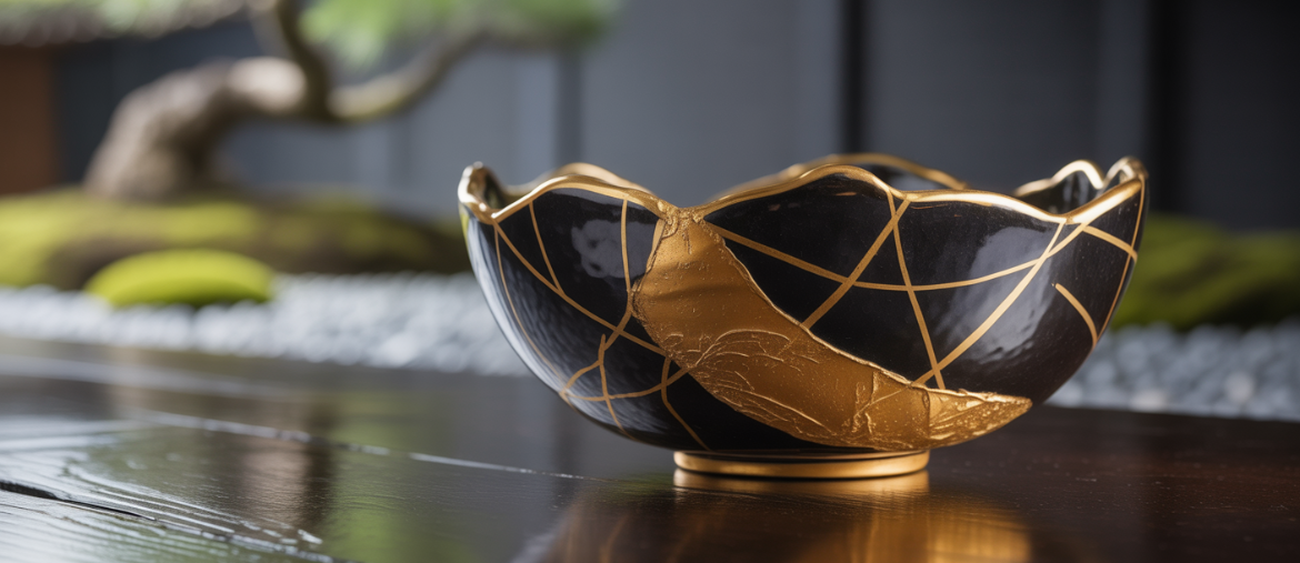 A beautiful Kintsugi bowl, its cracks mended with gold, symbolizing the process of healing from trauma