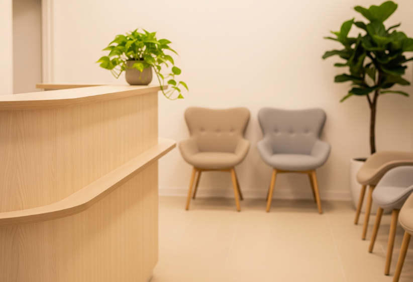 A welcoming, modern, and serene clinic reception area.