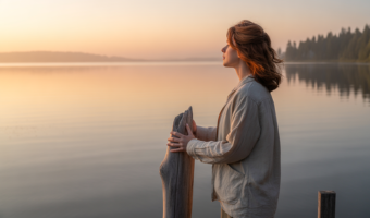 A person standing on a dock, looking out over a calm lake at sunrise