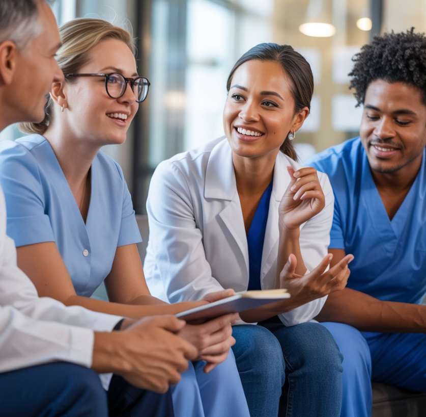 A warm and professional photograph of the diverse VASAV Health & Healing team in a collaborative discussion.