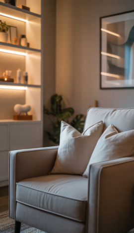 A calming detail of a modern therapy room at VASAV Health