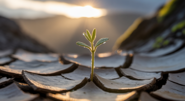A single green sprout emerging from cracked, dry earth, illuminated by a beam of light
