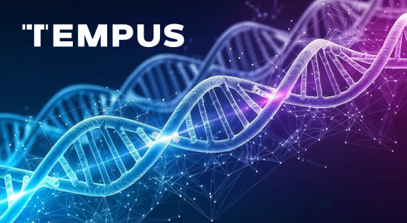 Abstract banner representing Tempus AI-enabled precision medicine, with glowing graphics of DNA and neural networks