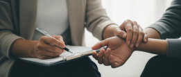 Therapist's hands offer gentle support, one holding a pen and clipboard, the other resting on a patient's arm