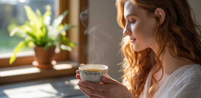 A person enjoying herbal tea in a serene setting, reflecting a balanced Ayurvedic lifestyle
