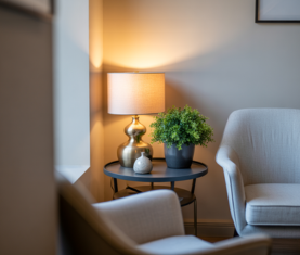 A calm and welcoming corner of the VASAV Health clinic, showing a comfortable chair and warm lighting