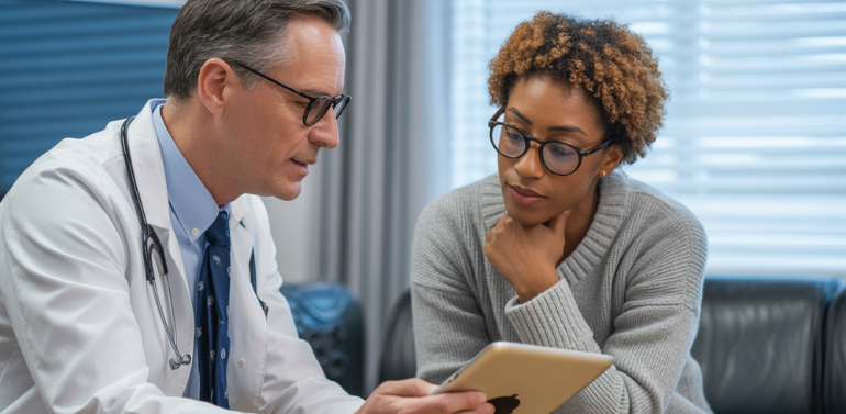 A VASAV Health psychiatrist and patient collaboratively reviewing a personalized medication management plan on a tablet
