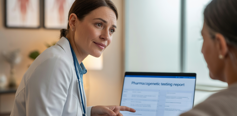 A VASAV Health specialist discusses the results of a pharmacogenetic test report with a patient