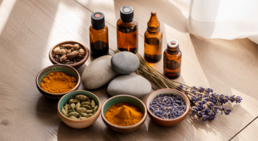 A serene arrangement of herbs, spices, and oils used in Ayurvedic counseling.