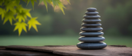 a stack of balanced zen stones on a wooden surface against a soft-focus natural background
